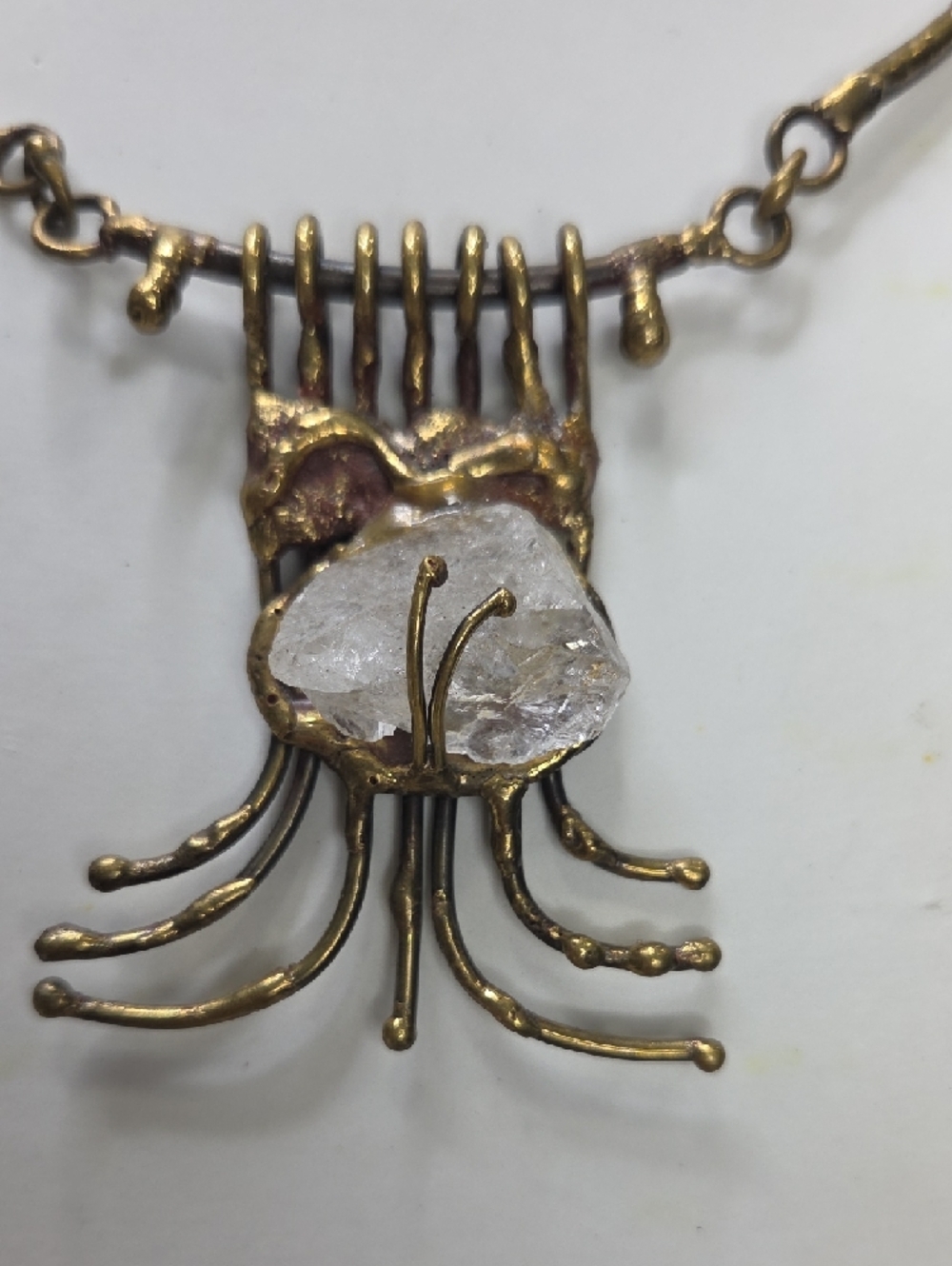 Brutalist Artisan Handmade Statement Necklace with Clear Raw Crystal Pendant - Picture 3 of 9
